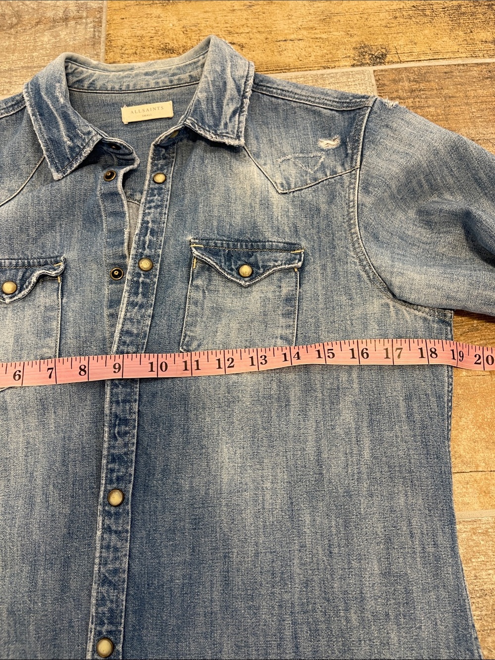 All Saints Light Blue Denim Snap Button Long Sleeve Collared Shirt Mens Small S - Picture 8 of 9
